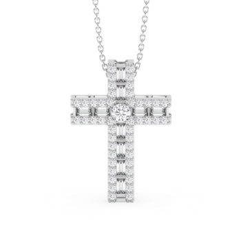 Cross Pendant with 0.13ct Round Center Diamond, 0.39ct Baget Diamonds and 0.39ct Round Diamonds