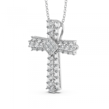 Cross Pendant with Round Diamonds 0.37ct, Baget Diamonds 0.54ct and Princess Cut Diamonds 0.18ct