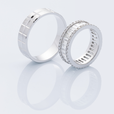 Wedding rings with 1.23 ct baget diamonds and 0.45 ct round diamonds