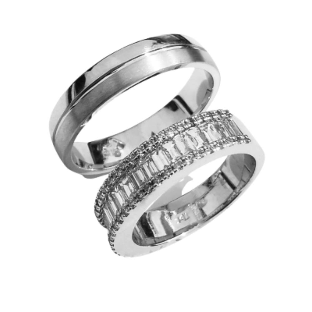 Wedding rings with 0.67 ct baget diamonds and 0.29 ct round diamonds