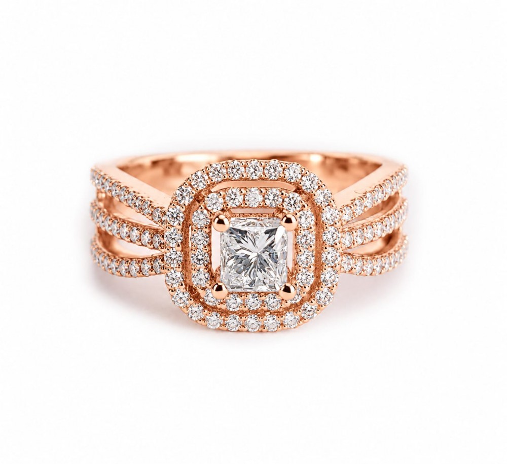 Inel cu Diamant central Princess de 0.34 ct si diamante laterale de 0.39 ct