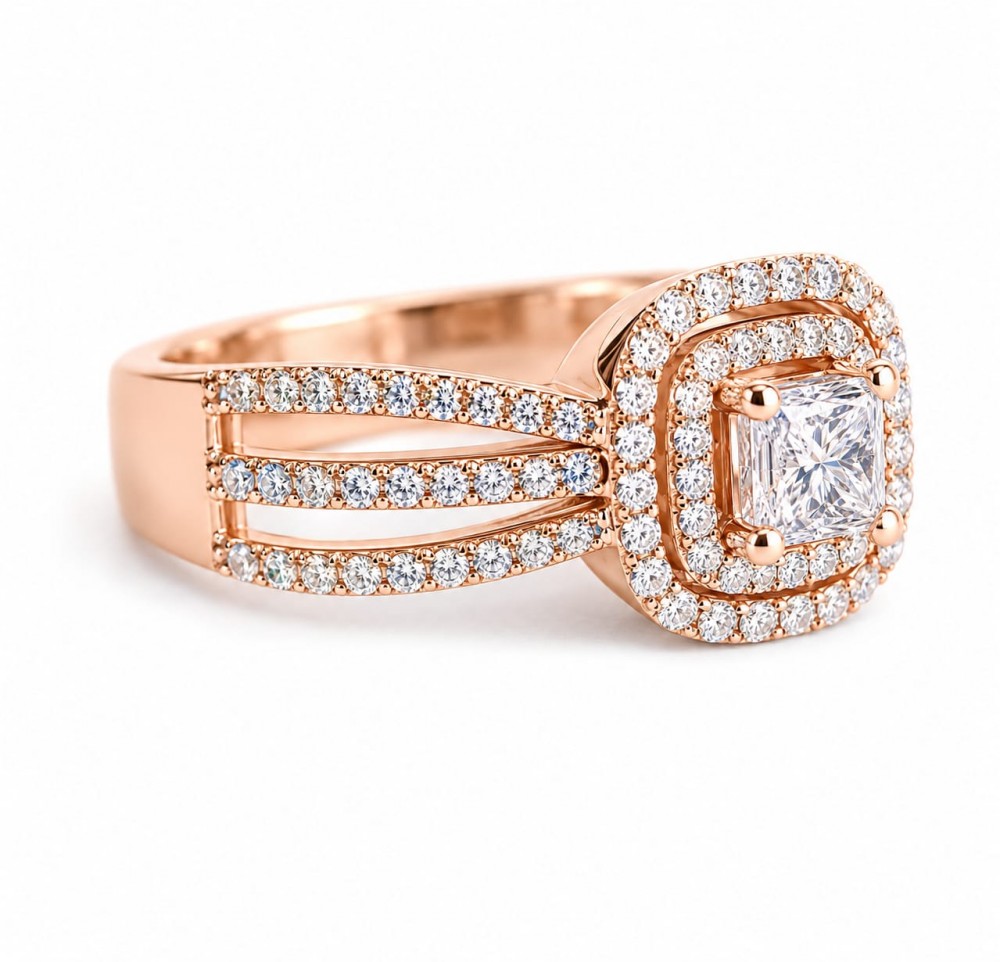 Inel cu Diamant central Princess de 0.34 ct si diamante laterale de 0.39 ct