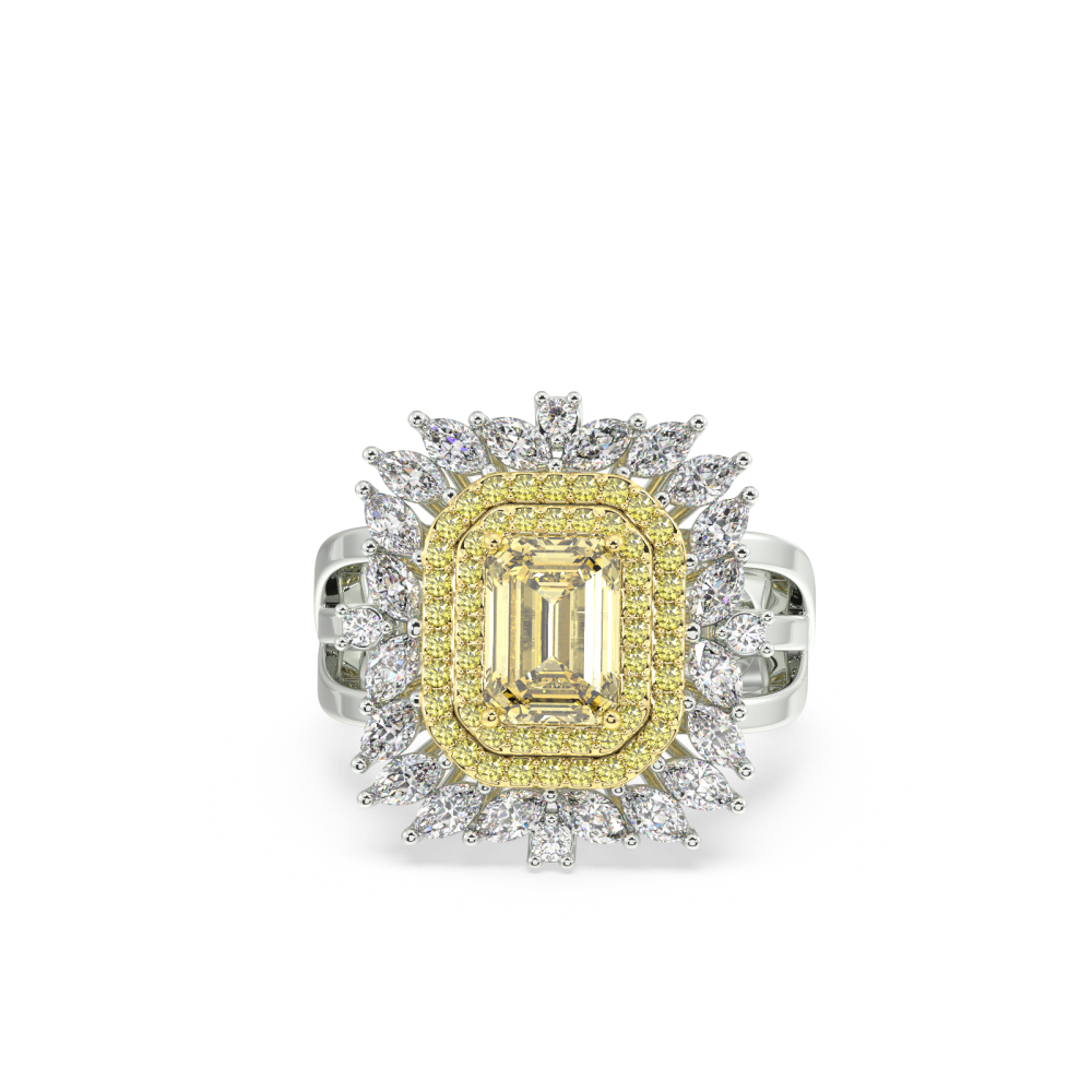 Inel cu Diamant Fancy Central Emerald Cut de 1.49ct, Diamante Laterale Marquise Cut de 0.91ct si Diamante Laterale Rotunde de 0.30ct