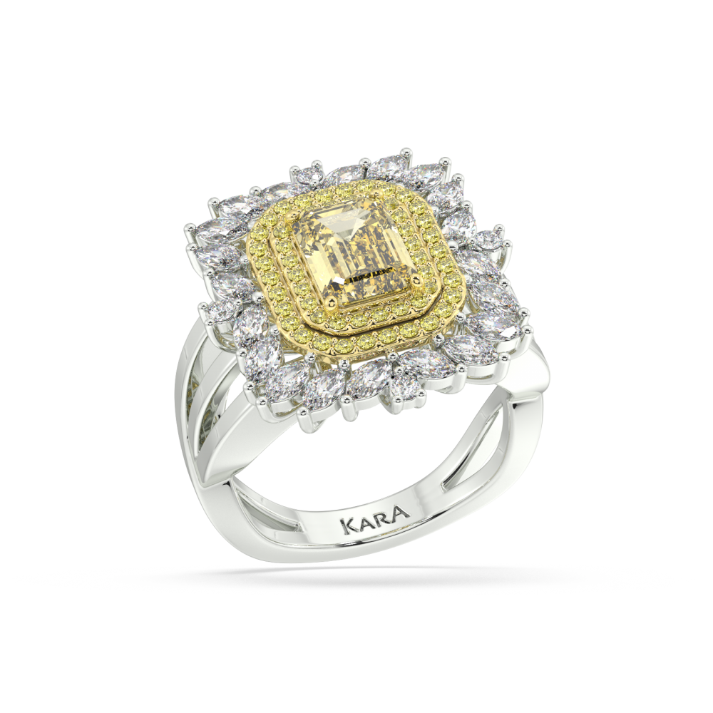 Inel cu Diamant Fancy Central Emerald Cut de 1.49ct, Diamante Laterale Marquise Cut de 0.91ct si Diamante Laterale Rotunde de 0.30ct