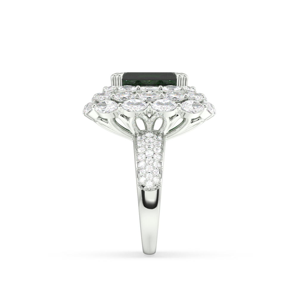 Inel cu Diamante Marquise de 2.55 ct, Diamante rotunde de 0.36 ct ct si Smarald de 6.02 ct