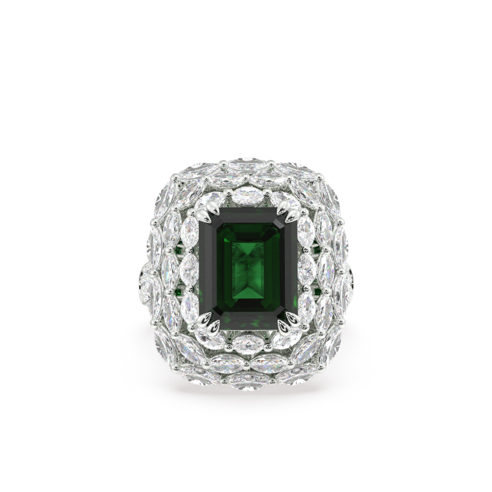 Inel cu Diamante Marquise de 2.55 ct, Diamante rotunde de 0.36 ct ct si Smarald de 6.02 ct