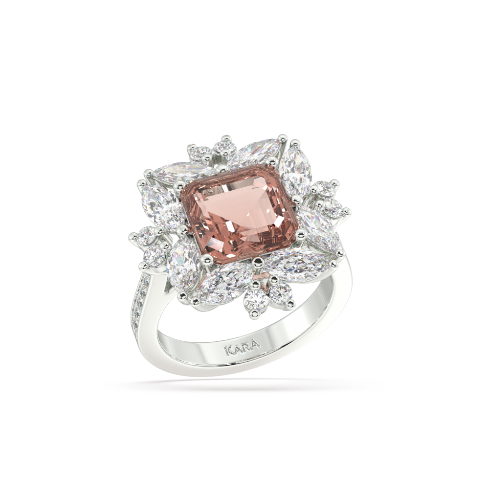 Inel cu Morganit Central Emerald Square Cut de 4.10ct, Diamante Laterale Marquise Cut de 1.62ct si Diamante Laterale Rotunde de 0.39ct