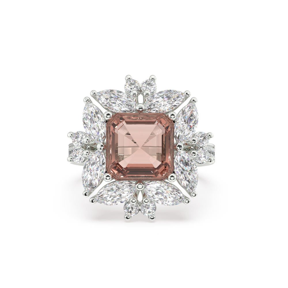 Inel cu Morganit Central Emerald Square Cut de 4.10ct, Diamante Laterale Marquise Cut de 1.62ct si Diamante Laterale Rotunde de 0.39ct