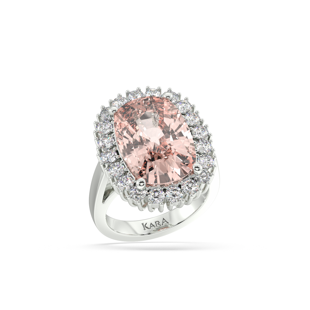 Inel cu Morganite Central Cushion Cut de 12.08ct si Diamante Laterale Rotunde de 1.17ct