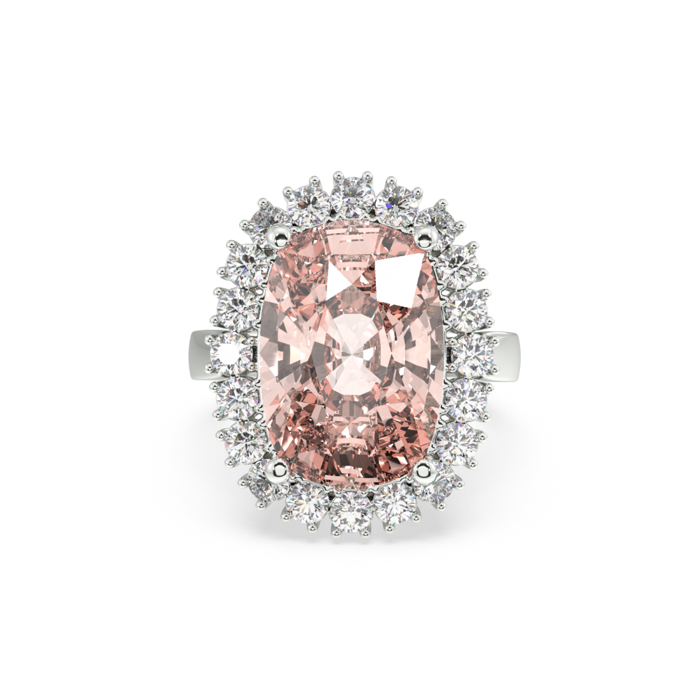 Inel cu Morganite Central Cushion Cut de 12.08ct si Diamante Laterale Rotunde de 1.17ct