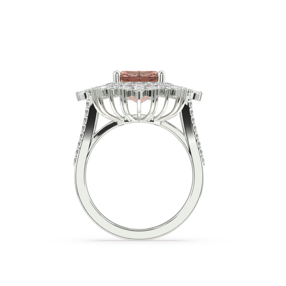 Inel cu Morganite Central Emerald Cut de 3.90ct, Diamante Rotunde de 0.64ct, Diamante Marquise Cut de 0.27ct si Diamante Baget de 0.17ct