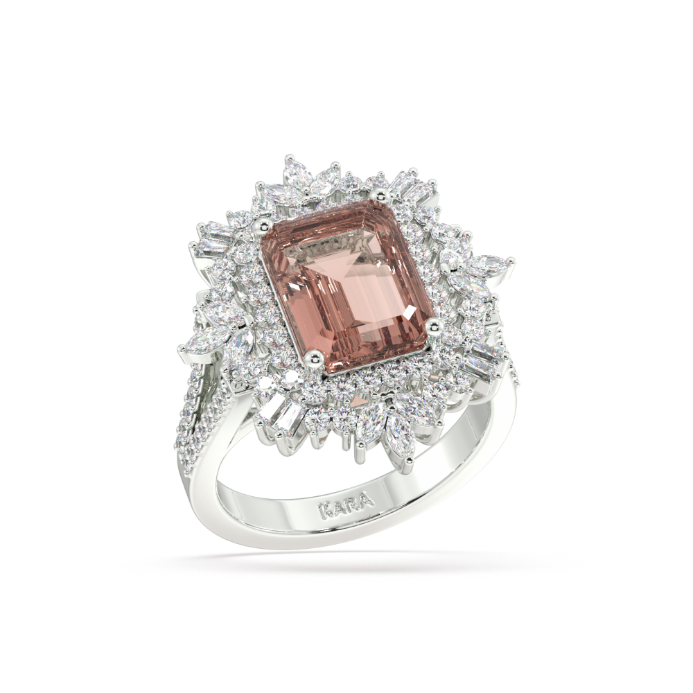 Inel cu Morganite Central Emerald Cut de 3.90ct, Diamante Rotunde de 0.64ct, Diamante Marquise Cut de 0.27ct si Diamante Baget de 0.17ct