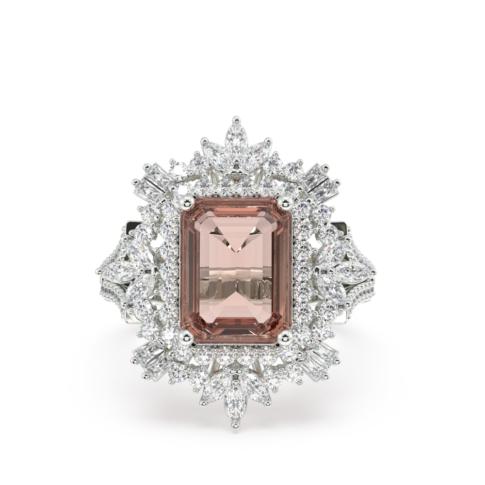 Inel cu Morganite Central Emerald Cut de 3.90ct, Diamante Rotunde de 0.64ct, Diamante Marquise Cut de 0.27ct si Diamante Baget de 0.17ct