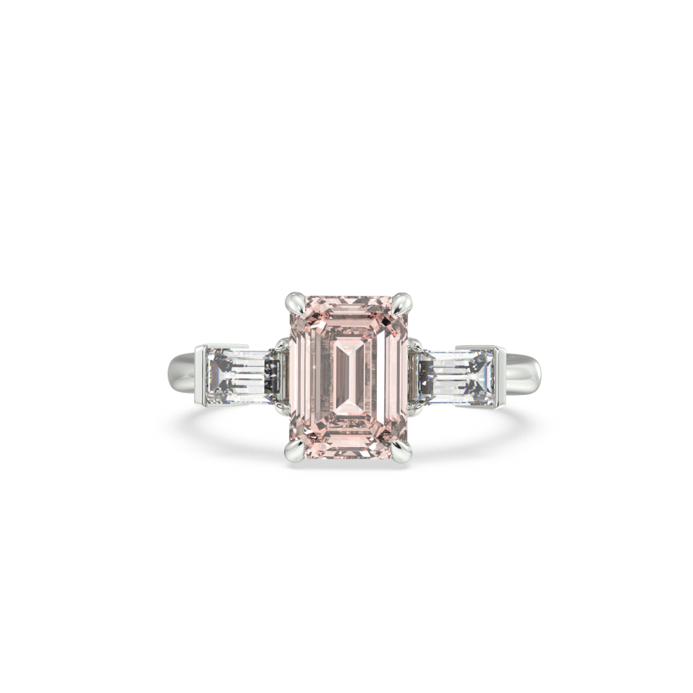Inel cu Morganite Central Emerald Cut de 6.97ct si doua Diamante Laterale Emerald Cut de 0.50ct