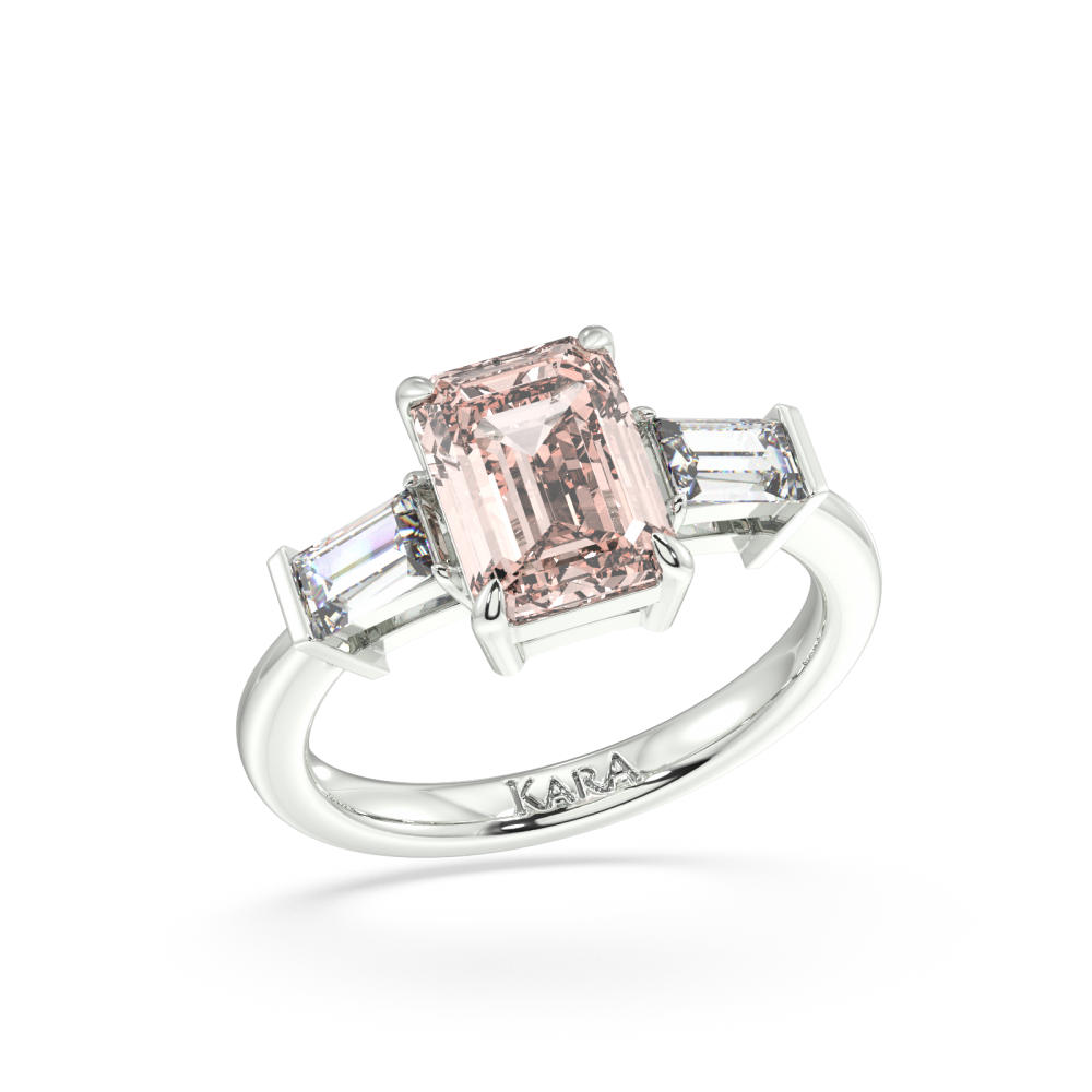 Inel cu Morganite Central Emerald Cut de 6.97ct si doua Diamante Laterale Emerald Cut de 0.50ct