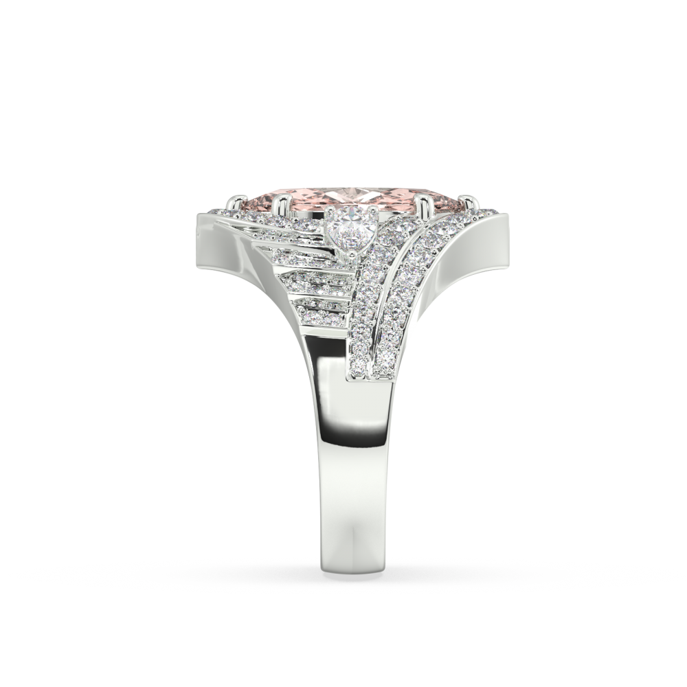 Inel cu Morganite Marquise Cut Central de 2.21ct, Diamante Pear Cut de 0.33ct si Diamante Rotunde de 0.75ct