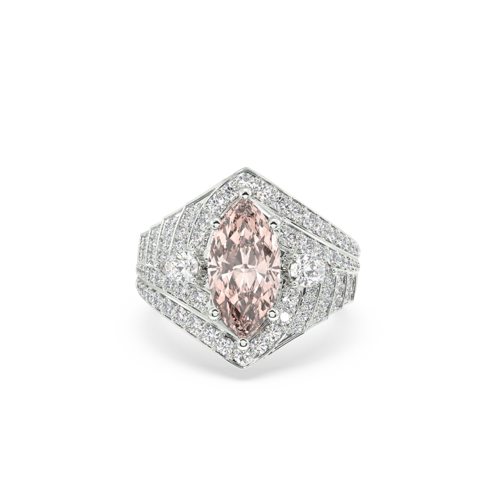 Inel cu Morganite Marquise Cut Central de 2.21ct, Diamante Pear Cut de 0.33ct si Diamante Rotunde de 0.75ct