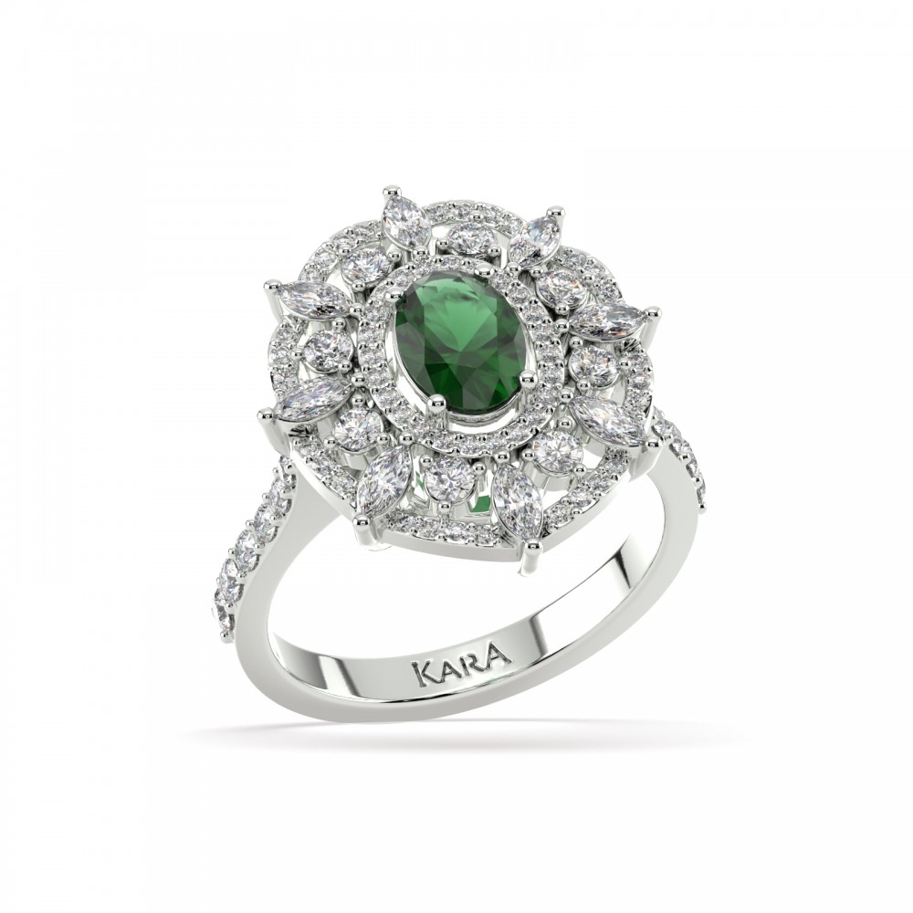 Inel cu Smarald Oval Cut central de 0.56ct, Diamante Marquise Cut de 0.52ct si Diamante Rotunde de 0.60ct