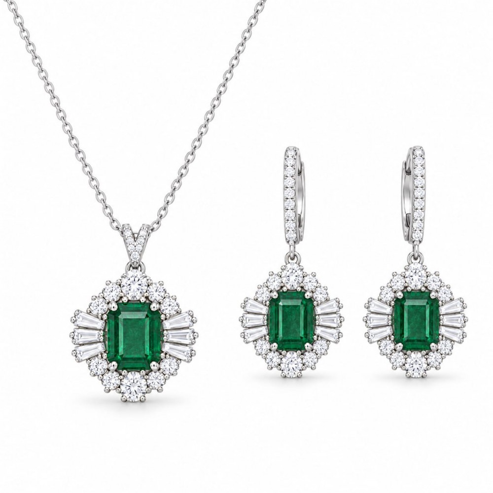 Set cu Smaralde de 6.63 ct , Diamante Rotunde de 2.42 ct si Diamante Baget de 1.06 ct