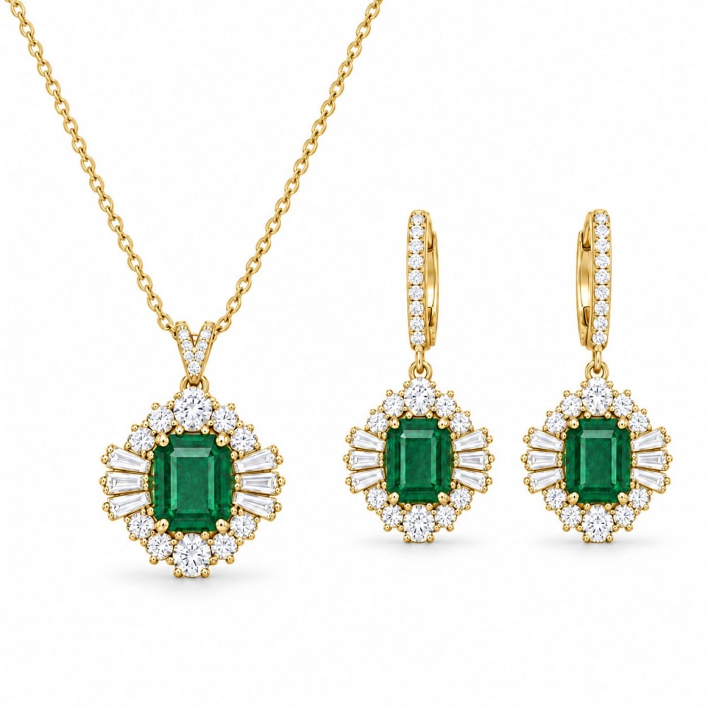 Set cu Smaralde de 6.63 ct , Diamante Rotunde de 2.42 ct si Diamante Baget de 1.06 ct