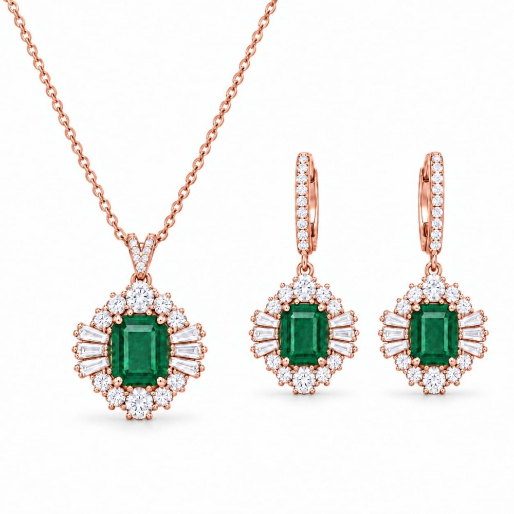 Set cu Smaralde de 6.63 ct , Diamante Rotunde de 2.42 ct si Diamante Baget de 1.06 ct