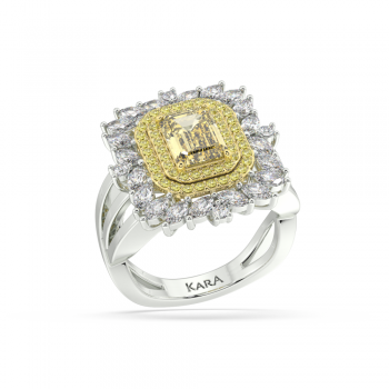 Inel cu Diamant Fancy Central Emerald Cut de 1.49ct, Diamante Laterale Marquise Cut de 0.91ct si Diamante Laterale Rotunde de 0.30ct