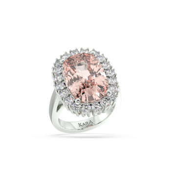 Inel cu Morganite Central Cushion Cut de 12.08ct si Diamante Laterale Rotunde de 1.17ct