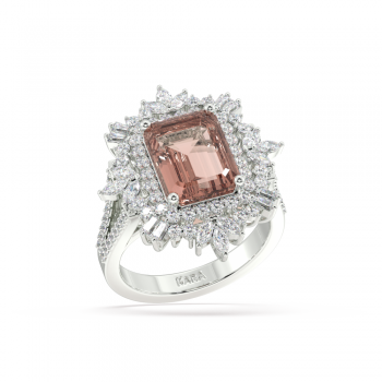 Inel cu Morganite Central Emerald Cut de 3.90ct, Diamante Rotunde de 0.64ct, Diamante Marquise Cut de 0.27ct si Diamante Baget de 0.17ct