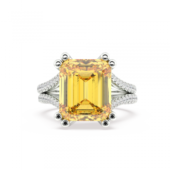 Inel cu Yellow Citrine Central Emerald Cut de 8ct si Diamante Laterale Rotunde de 2.03ct