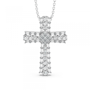 Pandantiv Cruciulita cu Diamante Rotunde de 0.37ct, Diamante Baget de 0.54ct si Diamante Princess Cut de 0.18ct